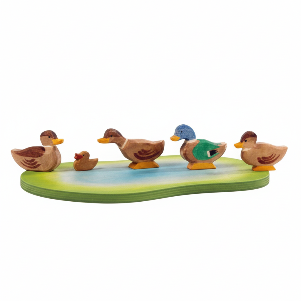 Ostheimer Entengruppe 5-tlg. mit Teich – Holzfiguren handgefertigt